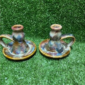Glazed Multicolor Ceramic Chamberstick Pair